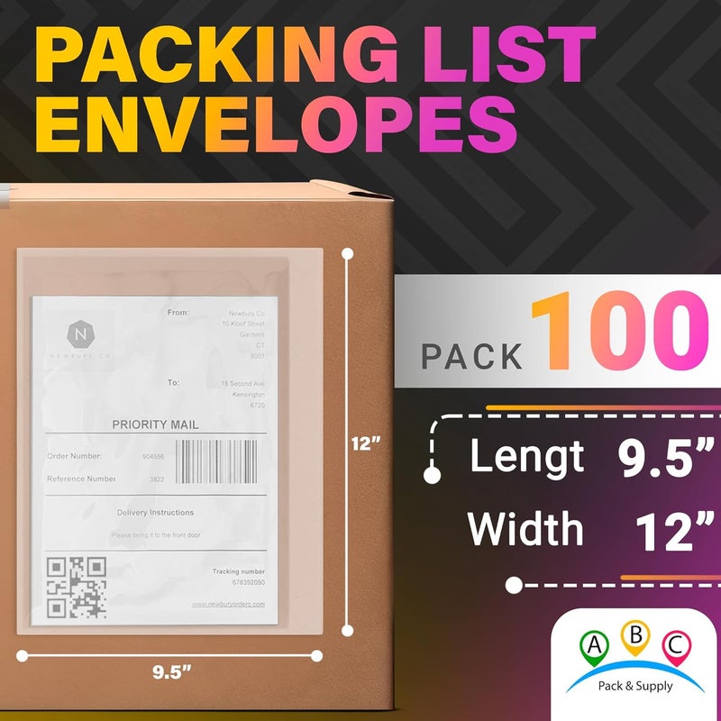 ABC Pack & Supply ABC Packing List Envelopes, 9.5 x 12 Inch. 100 Pack 2 Mil Polyethylene Clear Self Adhesive Shipping Label Sleeves. Plastic Shipping Label Pouches for Invoice and Efficient Order Management - Image 2